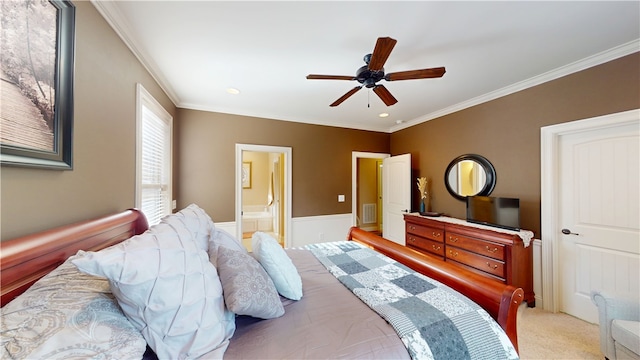 bedroom with ensuite bathroom, carpet, visible vents, and crown molding