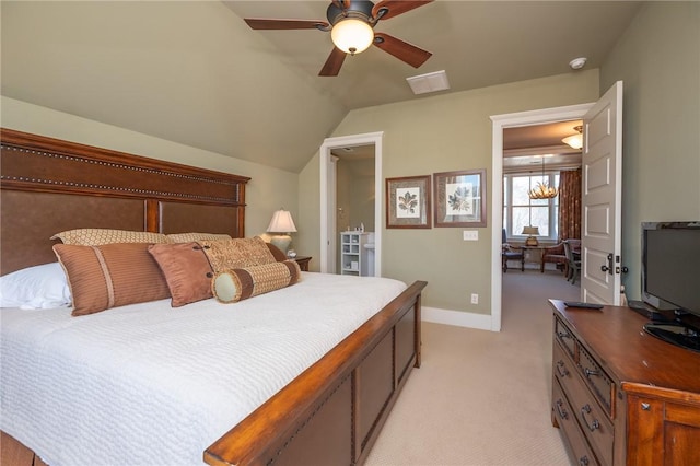 bedroom featuring light colored carpet, visible vents, vaulted ceiling, ceiling fan, and baseboards