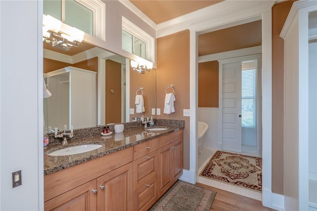 full bathroom featuring wood finished floors, double vanity, a freestanding tub, and a sink