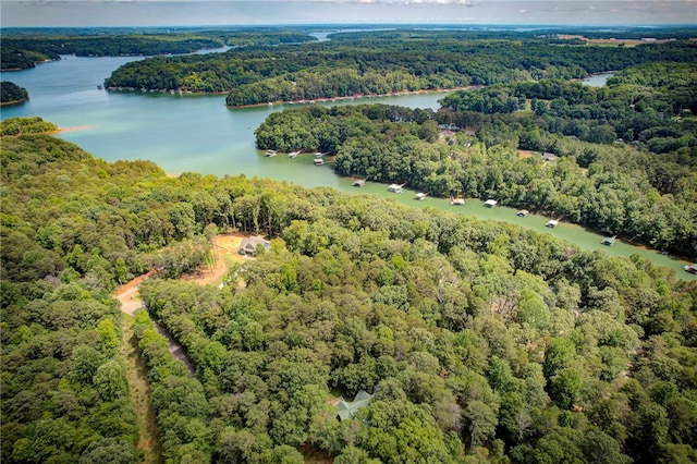 drone / aerial view featuring a water view and a view of trees