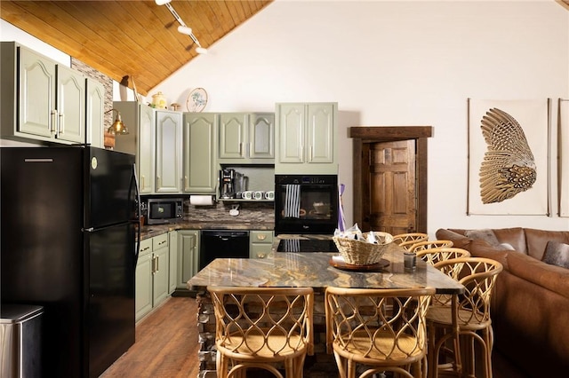 kitchen with green cabinetry, dark wood-type flooring, wood ceiling, black appliances, and track lighting