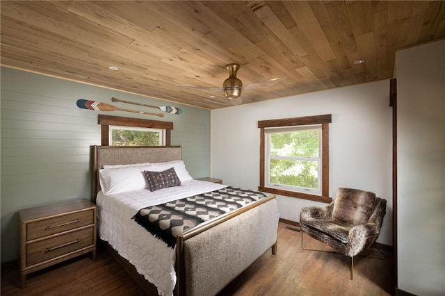 bedroom featuring wood ceiling and dark wood-type flooring