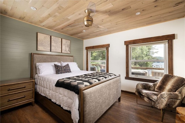 bedroom featuring dark wood-style floors, wood ceiling, ceiling fan, and baseboards