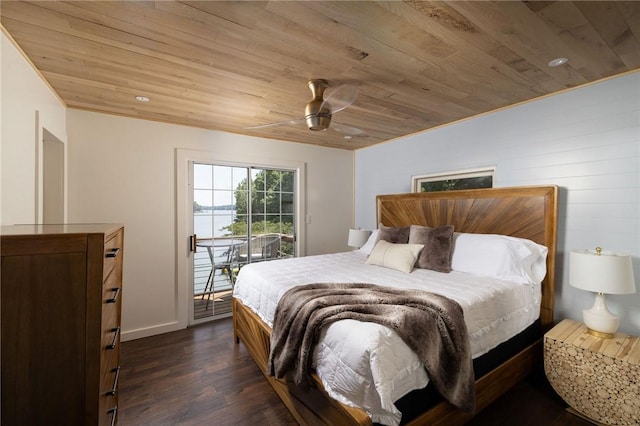 bedroom with baseboards, dark wood finished floors, wooden ceiling, ceiling fan, and access to outside