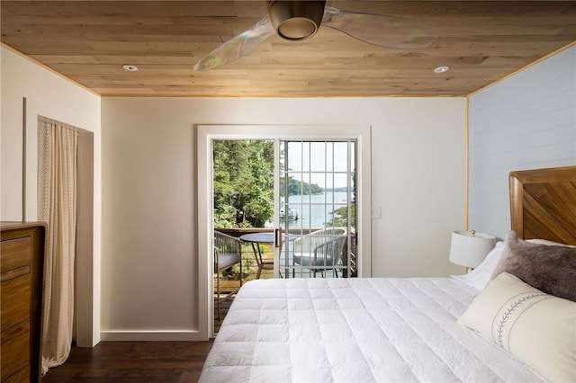 bedroom featuring wood ceiling, access to outside, dark wood-type flooring, and recessed lighting