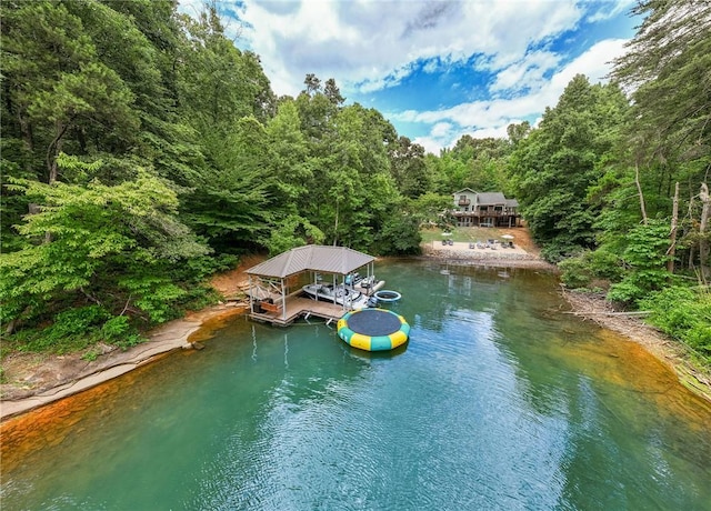 bird's eye view with a water view and a wooded view