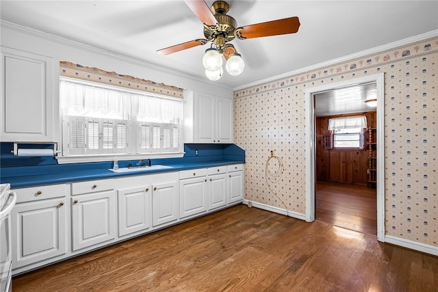 kitchen featuring crown molding, wood finished floors, a sink, and wallpapered walls