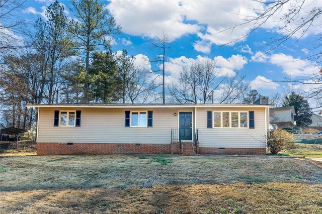 single story home with a front yard, crawl space, and a chimney