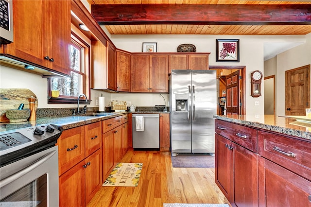 kitchen with light wood-style flooring, a sink, wood ceiling, appliances with stainless steel finishes, and light stone countertops