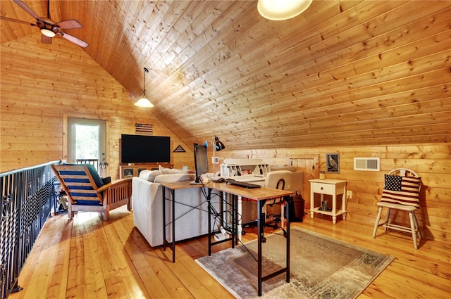 interior space with lofted ceiling, wooden ceiling, and hardwood / wood-style floors