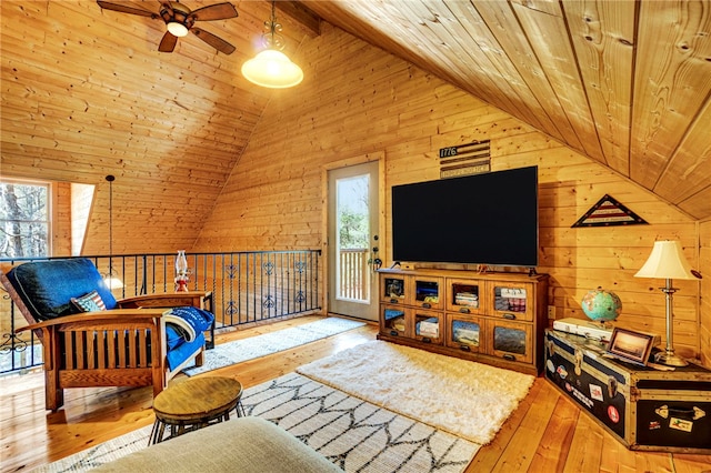 living area featuring lofted ceiling, wood-type flooring, and wood ceiling