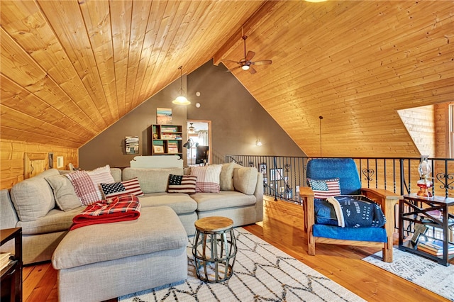 living area featuring wooden ceiling, vaulted ceiling with beams, and hardwood / wood-style floors