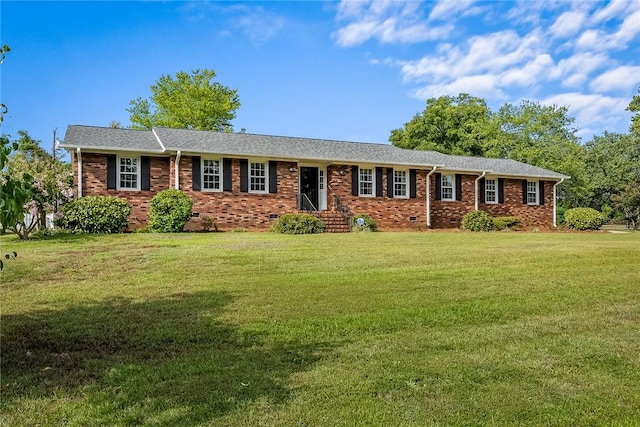 ranch-style house with a shingled roof, crawl space, brick siding, and a front lawn