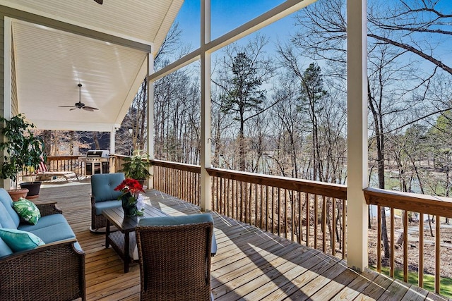 432 Over Look Dr, Fair Play, SC 29643 - deck featuring outdoor lounge area, a ceiling fan, and a grill