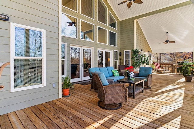 432 Over Look Dr, Fair Play, SC 29643 - deck featuring french doors, ceiling fan, and outdoor lounge area