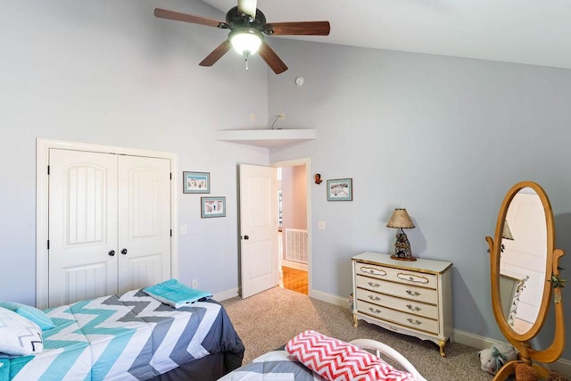 432 Over Look Dr, Fair Play, SC 29643 - bedroom with a closet, baseboards, high vaulted ceiling, a ceiling fan, and carpet
