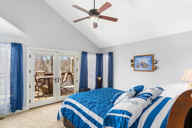 432 Over Look Dr, Fair Play, SC 29643 - carpeted bedroom with high vaulted ceiling, access to outside, a ceiling fan, and french doors