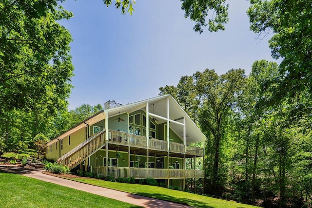 432 Over Look Dr, Fair Play, SC 29643 - back of house featuring ceiling fan, a chimney, a deck, stairway, and a yard