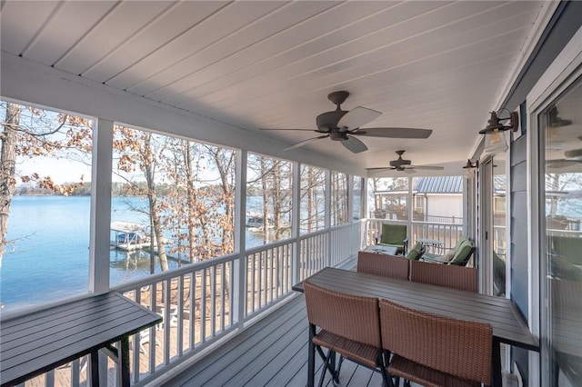 sunroom with a water view