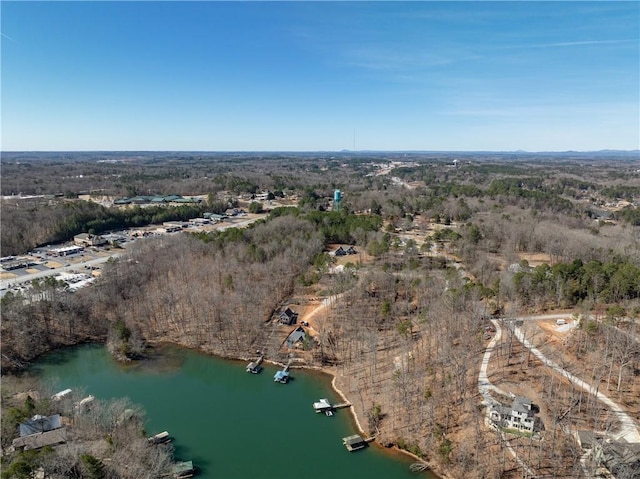 drone / aerial view with a water view and a forest view