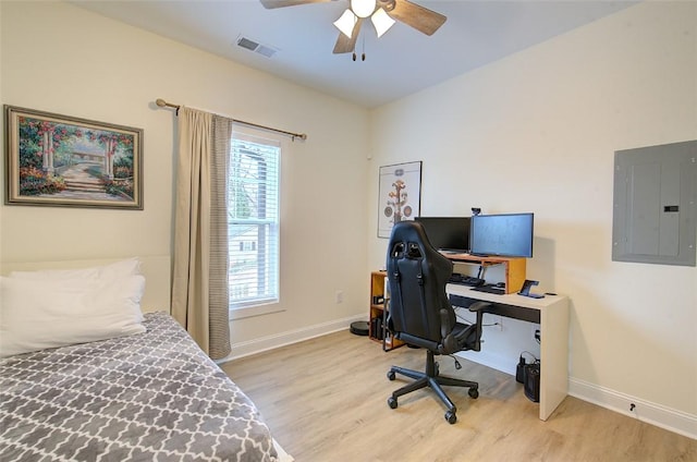bedroom with light wood-type flooring, electric panel, and baseboards