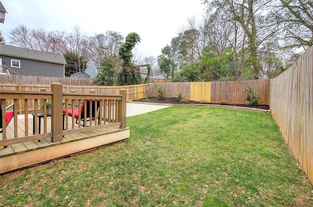 view of yard featuring a fenced backyard and a wooden deck