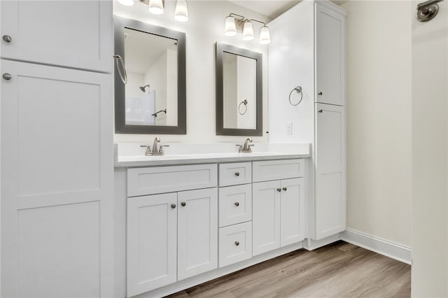 bathroom featuring double vanity, a sink, baseboards, and wood finished floors