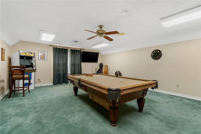 recreation room featuring lofted ceiling, baseboards, carpet flooring, and pool table