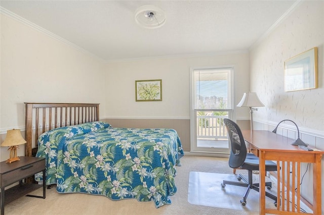 carpeted bedroom with ornamental molding