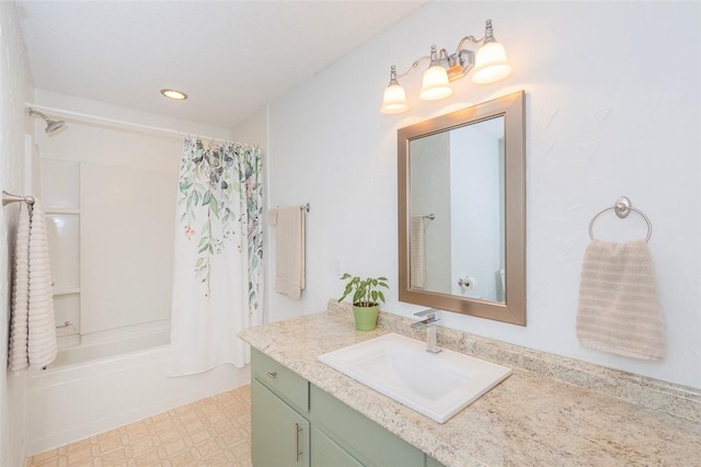 full bathroom with recessed lighting, shower / bath combo with shower curtain, vanity, and tile patterned floors