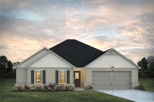 view of front of house featuring a garage, driveway, a lawn, roof with shingles, and board and batten siding