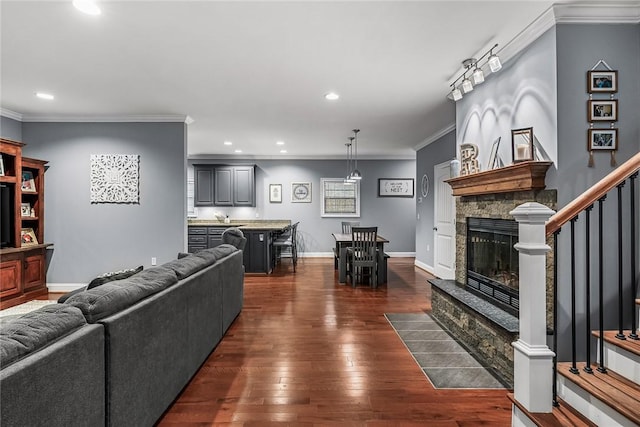 living area with dark wood-style floors, ornamental molding, a fireplace, and baseboards