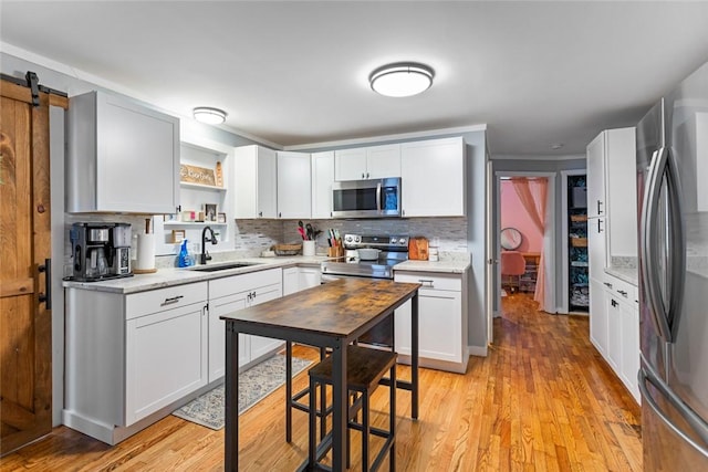 kitchen featuring light wood-style floors, a barn door, stainless steel appliances, and a sink