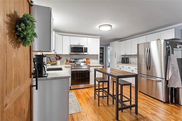 kitchen with a sink, white cabinetry, light wood-style floors, appliances with stainless steel finishes, and decorative backsplash