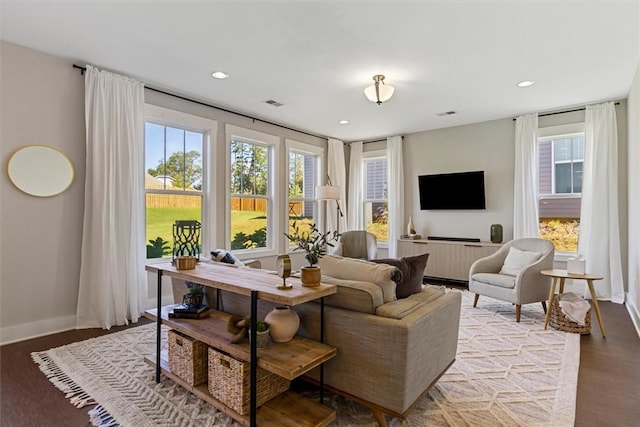 living area featuring recessed lighting, plenty of natural light, wood finished floors, and baseboards