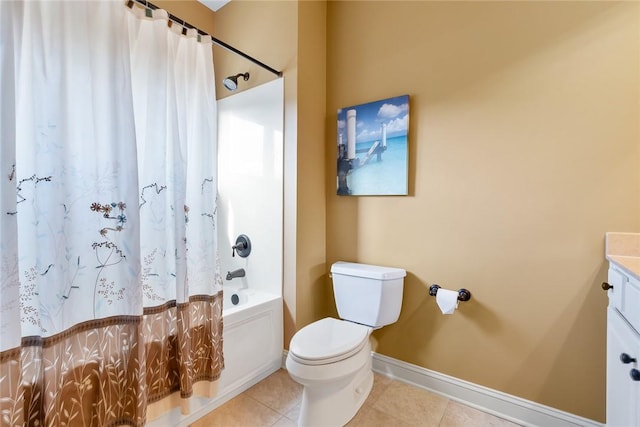 bathroom with shower / bath combo, baseboards, toilet, tile patterned floors, and vanity