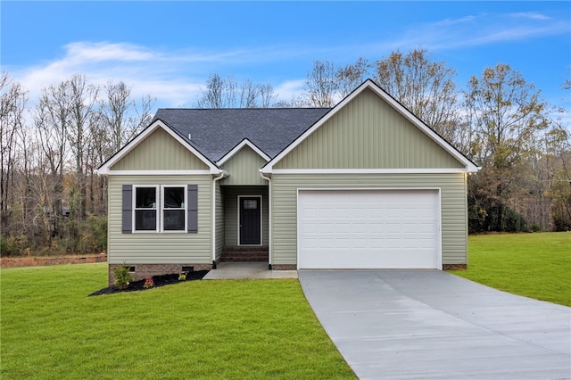 ranch-style house featuring a garage, a shingled roof, concrete driveway, crawl space, and a front yard