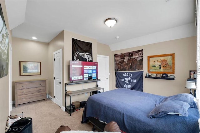 bedroom featuring recessed lighting and light colored carpet