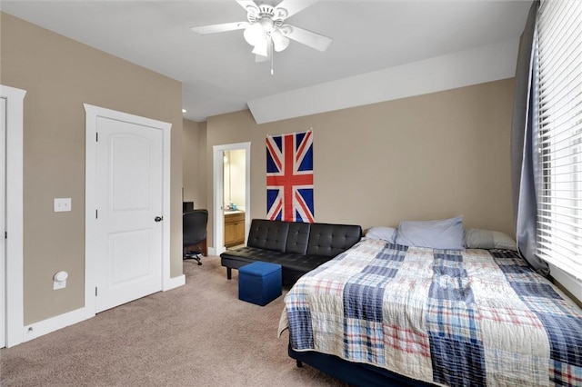 carpeted bedroom featuring ceiling fan and baseboards