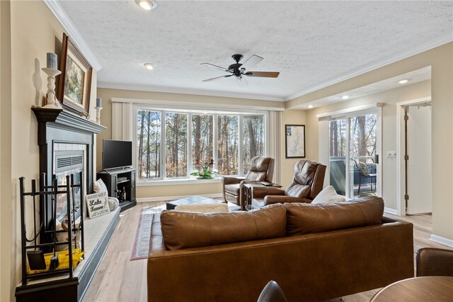 495TALLSHIP240 Tall Ship Dr, Salem, SC 29676 - living room with a fireplace with raised hearth, ceiling fan, crown molding, a textured ceiling, and light wood-type flooring