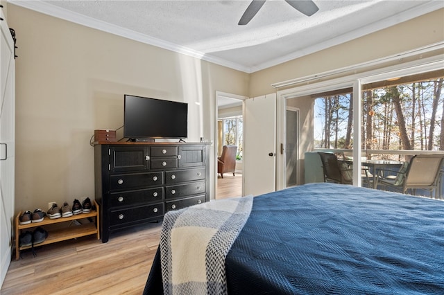 495TALLSHIP240 Tall Ship Dr, Salem, SC 29676 - bedroom featuring light wood-style floors, ornamental molding, a textured ceiling, access to outside, and a ceiling fan