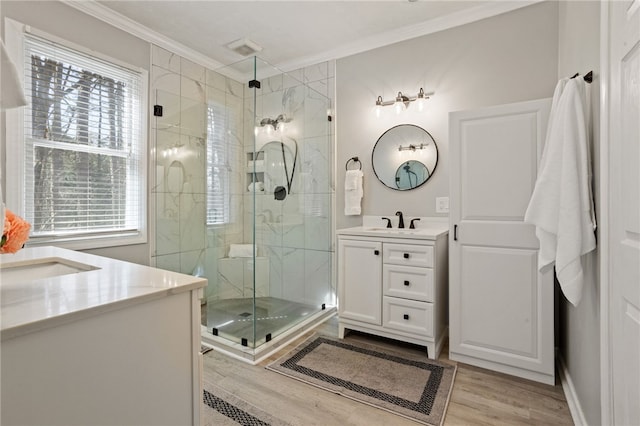 495TALLSHIP240 Tall Ship Dr, Salem, SC 29676 - bathroom featuring ornamental molding, vanity, a shower stall, and wood finished floors