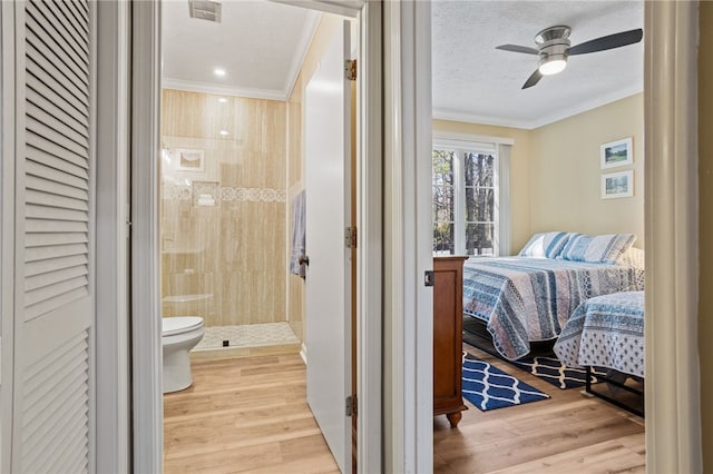 495TALLSHIP240 Tall Ship Dr, Salem, SC 29676 - full bathroom featuring ornamental molding, a shower stall, toilet, ceiling fan, and a textured ceiling