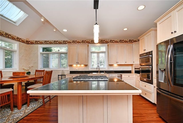 kitchen featuring dark wood-style floors, appliances with stainless steel finishes, a kitchen island, and a sink