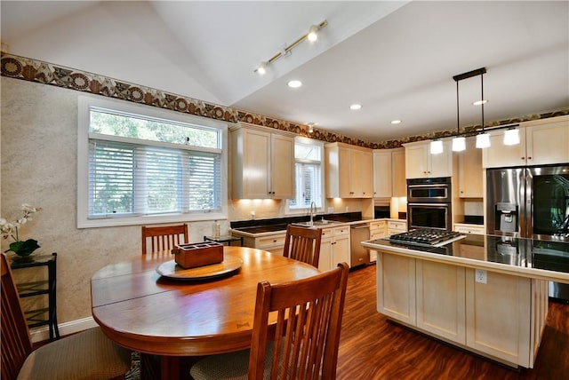 kitchen with lofted ceiling, a kitchen island, a sink, appliances with stainless steel finishes, and dark wood finished floors