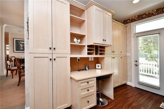 home office with baseboards and dark wood-type flooring