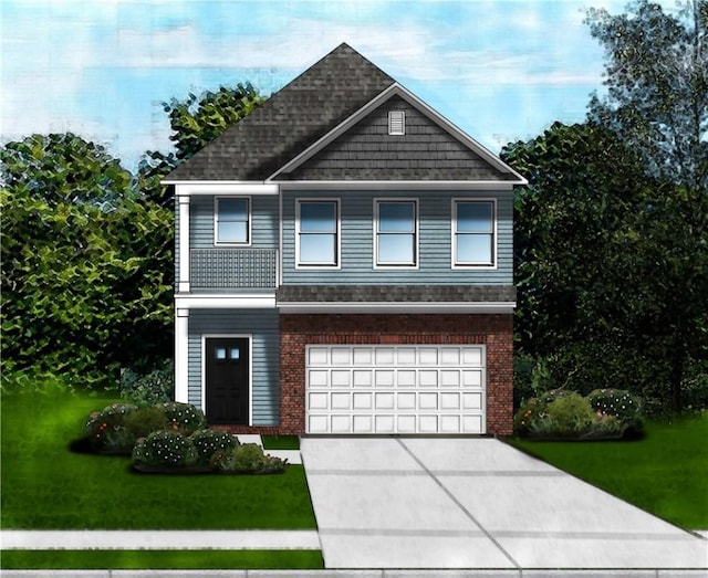 view of front of property featuring a garage, brick siding, concrete driveway, and a front yard