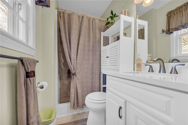 bathroom with toilet, shower / bath combo, and vanity