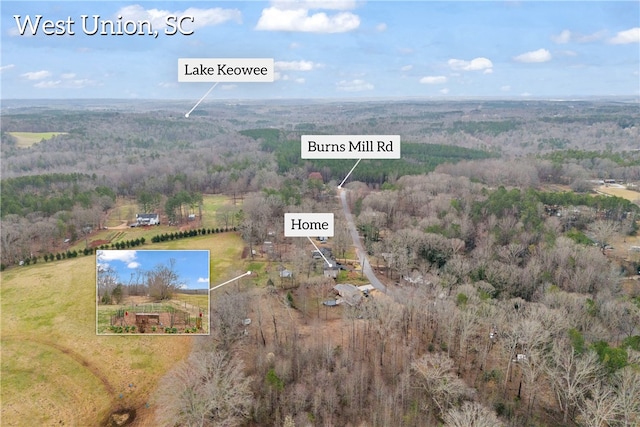 birds eye view of property with a forest view and a rural view