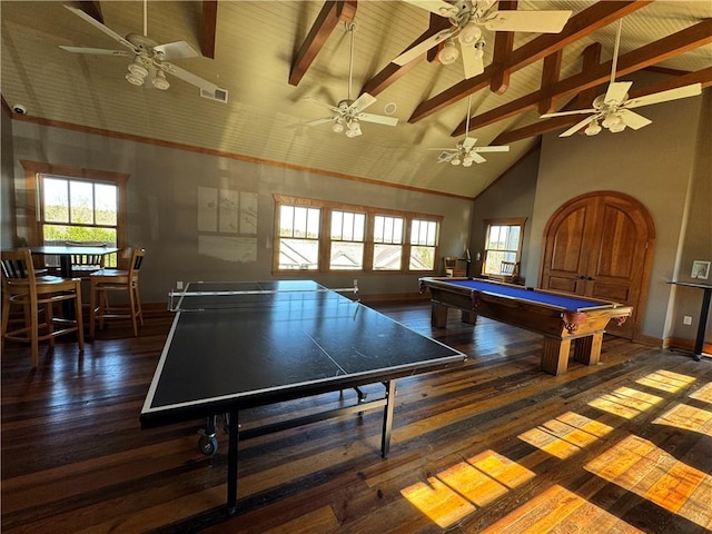 game room featuring plenty of natural light, visible vents, wood-type flooring, high vaulted ceiling, and beam ceiling